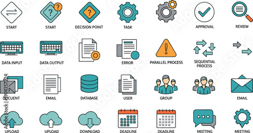 Business Process Workflow And Flowchart Icon Set Featuring Task Management, Data Input, Approval And Project Process Vector Collection