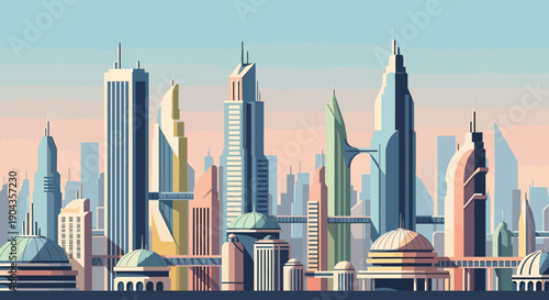 Futuristic City Skyline with Unique Modern Buildings and Innovative Architecture
