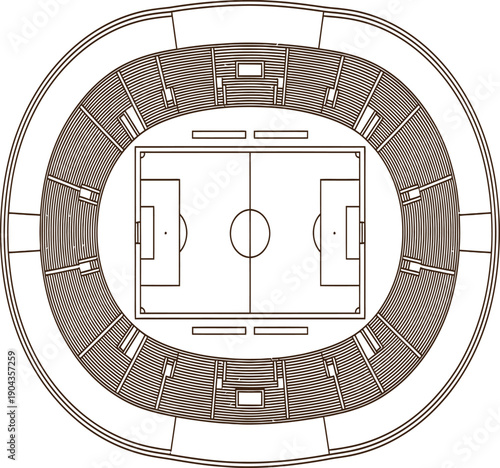 Aerial view of a stadium with a soccer field and seating areas