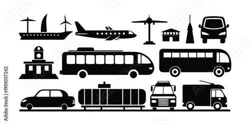 A comprehensive collection of black silhouette transportation icons representing various modes of travel.
