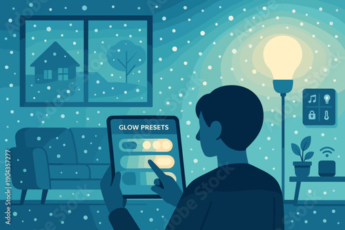 Person using a tablet to adjust light settings while snow falls outside a window in a cozy room at night