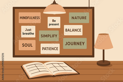 Tips for mindfulness and personal growth shown on a bulletin board in a cozy workspace