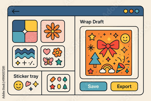 Creative design tool displays colorful wrapping draft with stickers and patterns on a simple computer screen
