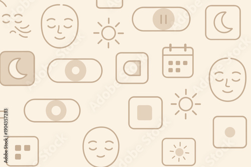 Various icons showing faces, sun, moon, and calendar on a light background, representing different states and activities