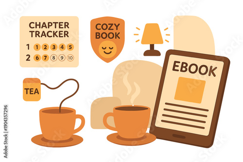 Enjoying tea while reading an ebook and tracking chapters at home during a cozy evening