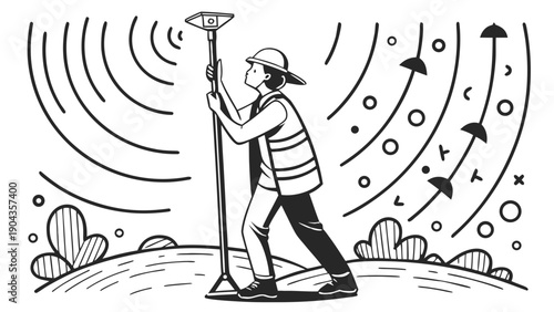 Land Surveyor Measuring Terrain with GPS Signals Line Art Illustration,  The surveyor stands calm in a swirl of glowing numbers and data particles being absorbed by the smart pole receiver.
