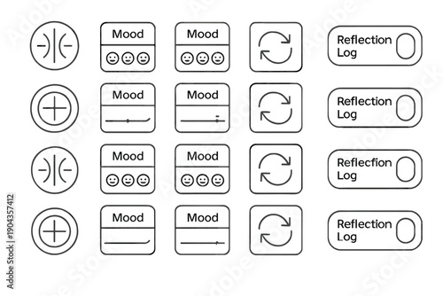 Different mood and reflection icons used in a simple layout display clear options for tracking feelings and thoughts
