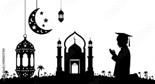 A graduate stands in prayer before a mosque with lanterns and crescent moon hanging above