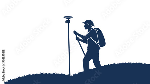 Male Surveyor Silhouette Hiking with GNSS GPS Pole and Backpack, Vector Illustration of Topographic Work, Male land surveyor wearing a hard hat and backpack, hiking up a grassy hill, GNSS pole