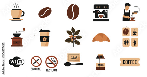 Coffee Shop And Cafe Icon Set Featuring Espresso Machine, Barista, Coffee Beans, Croissant, Takeaway Cup And Beverage Elements Vector Collection