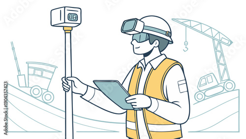 Male land surveyor using virtual reality headset, tablet, and total station equipment on a construction site with crane. Vector illustration.  male land surveyor wearing a virtual reality headset 