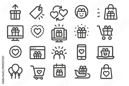 Icons related to gift giving and online shopping with symbols for love and celebrations