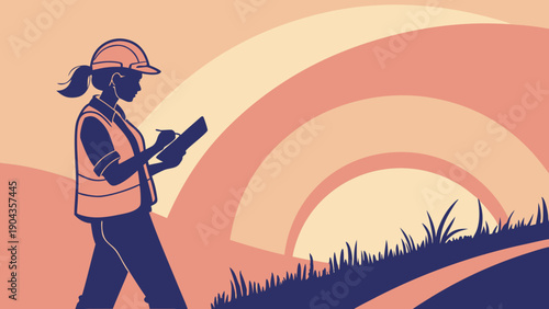 Female Construction Worker Using Tablet at Sunset Landscape Vector Illustration, Vector illustration of a female construction worker wearing safety vest and helmet while using a tablet outdoors