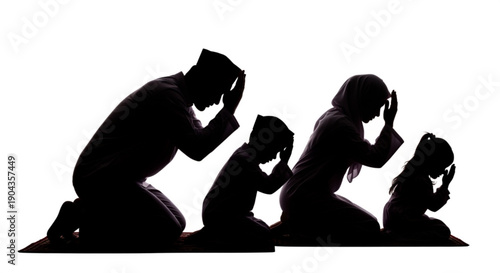Family in distress, kneeling together in prayer or mourning, silhouetted against a stark background, viewed from the side.