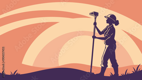 Silhouette of a female land surveyor against a rising sun with GNSS pole. 