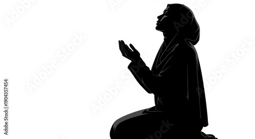 Serene silhouette of a person in contemplative prayer, kneeling with hands raised in devotion
