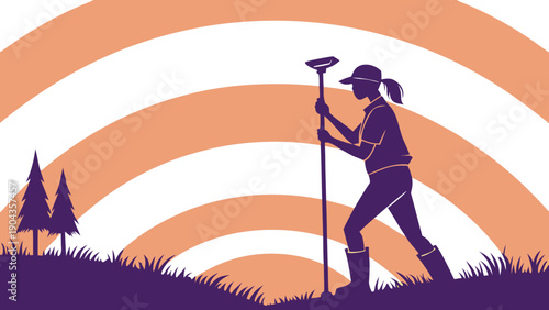 Female Surveyor Silhouette with Range GNSS Pole at Sunset, Vector Illustration of Land Surveying in a Field, GPS pole, female land surveyor holding a ranging pole in a grassy field with pine trees 
