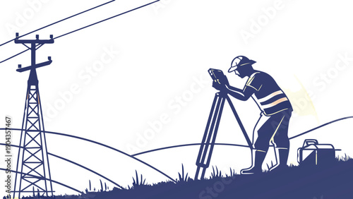 Silhouette Operating Total Station on Tripod Near Power Transmission Tower, Vector Illustration,  male land surveyor looking through a total station instrument on a tripod, GNSS GPS pole 