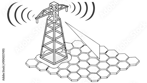 Wireless Communication Tower on Hexagonal Network Grid Smart Technology Illustration,  wireless communication tower transmitting signals over a hexagonal grid representing digital networks