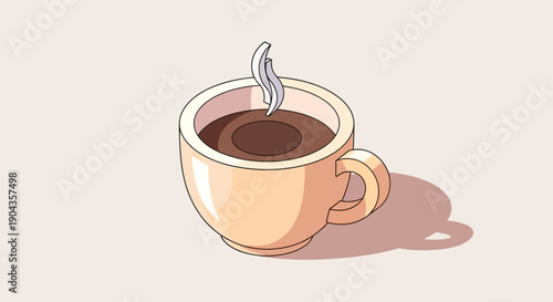 Steaming mug of hot coffee or chocolate with a cozy aroma on a light brown background.