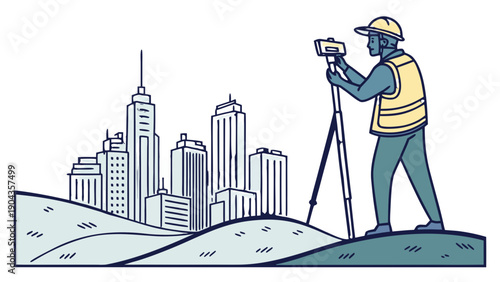 Land Surveyor Using Tripod with City Skyline Vector Illustration,  A surveyor stands on a hill. The smart GNSS GPS pole projects an entire translucent,