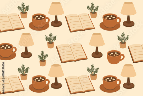 Coffee cups, books, and lamps create a cozy scene at a warm indoor setting during the day