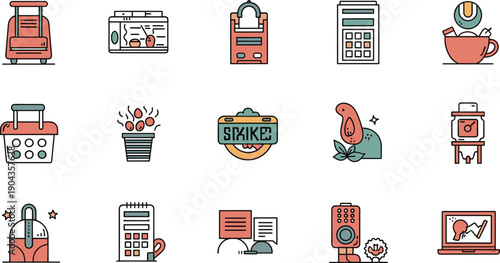 Creative Office Workspace And Lifestyle Icon Set Featuring Coffee Break, Calendar, Radio, Laptop, Plants And Daily Work Elements Vector Collection