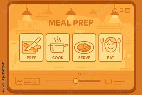 Steps for meal prep including prep, cook, serve, and eat displayed on a simple graphic in a kitchen setting