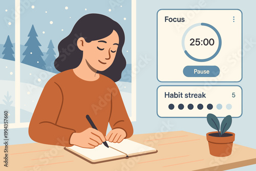 Person writes in notebook during focus session at home with timer and plant in winter setting