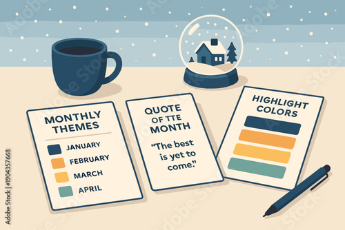 Planning for upcoming months with themes, quotes, colors, and a cup of coffee on a table