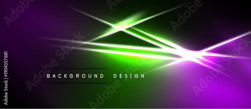 Abstract background features vibrant purple, green gradients. Bright white lines intersect creating dynamic light effects. Modern design element.