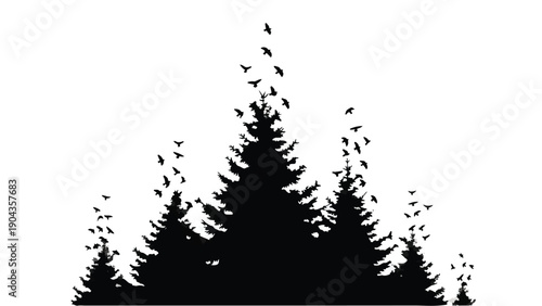 Forest Silhouette with Soaring Birds: A captivating silhouette of a lush forest, with several soaring birds, captures the beauty of nature's simple grandeur, evoking a sense of freedom. 