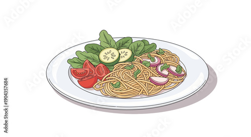 Plate of spaghetti pasta with fresh salad on isolated white background, healthy and delicious meal.