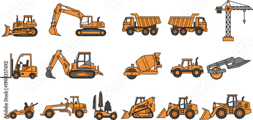 Construction Heavy Equipment Icon Set Featuring Excavator, Bulldozer, Dump Truck, Crane And Industrial Machinery Vector Collection