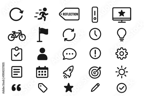Symbols show different actions and concepts related to time, tasks, communication, and goals used in various activities and settings