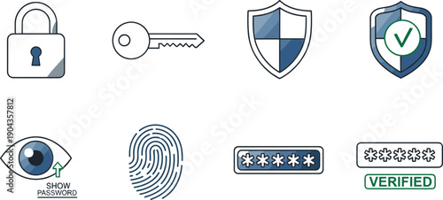 Cyber Security And Data Protection Icon Set Featuring Password, Fingerprint, Shield Verification And Privacy Access Control Vector Collection