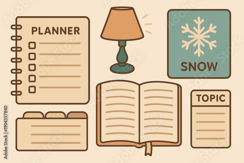 On a table, a planner, a lamp, a notebook, and a card with snow are arranged in a cozy workspace for organizing tasks