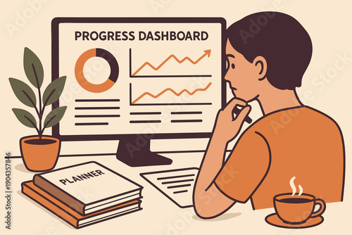 Person reviews progress dashboard while planning next steps with coffee in hand in a workspace setting