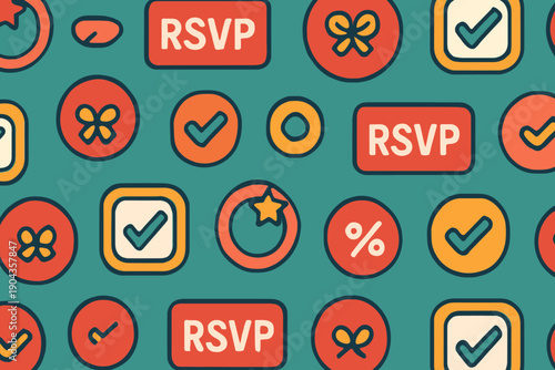 Various symbols and icons related to event invitations and confirmations displayed on a colorful background