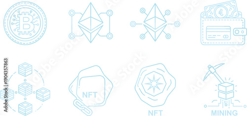Cryptocurrency blockchain NFT mining icon set with Bitcoin, Ethereum network, crypto wallet, digital assets and decentralized technology line vectors