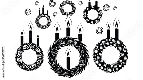 Festive Wreath Collection: A graphic array of intricate wreath designs, each adorned with elegant candles and intricate foliage details, exuding the spirit of the season.