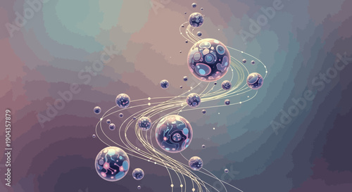 Abstract floating spheres connected by swirling lines on a dreamy muted background, complex scientific network concept.