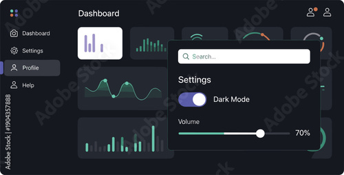 Dark Mode Analytics Dashboard UI Interface Featuring Data Visualization, Settings Panel, Charts And User Control Panel Vector Design
