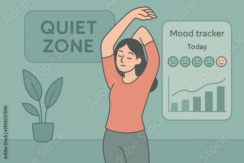 Person stretches in a quiet zone while checking mood tracker and relaxation activities during the day