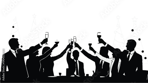 Toasting to Success: Silhouetted figures in formal attire raise glasses in a celebratory toast, embodying the spirit of success and camaraderie in a sophisticated social gathering.