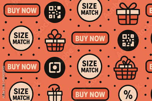 Design featuring sale buttons and gift icons on a coral background for an online shopping campaign