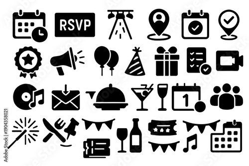Icons representing various activities and events for planning and celebration in a fun style