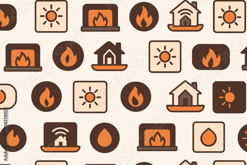 Pattern of fire-related icons with houses, flames, and sun shapes on a light background