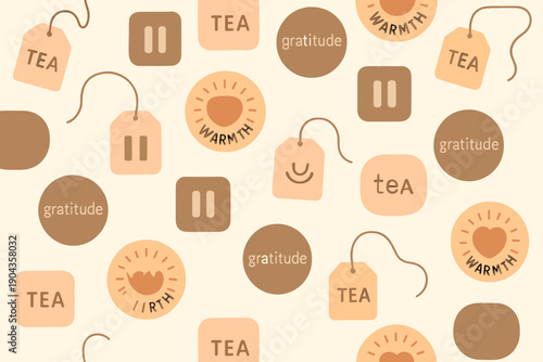 Design features tea bags, symbols of gratitude, and warmth in an artistic pattern on a light background