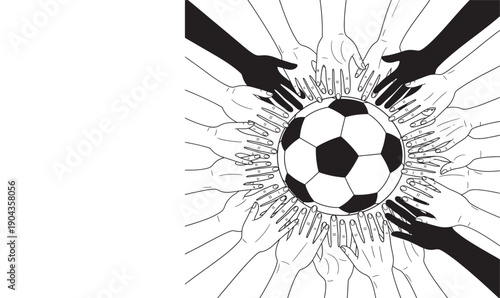 Multiple hands reaching for a soccer ball in a dynamic illustration